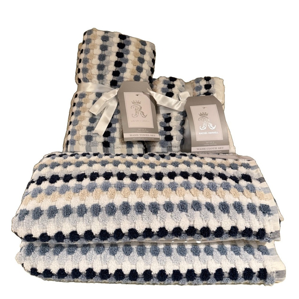 Rachel Ashwell 8pc Bath Towel Set Navy/Blue/Tan Checked Bath, Hand, Washcloth